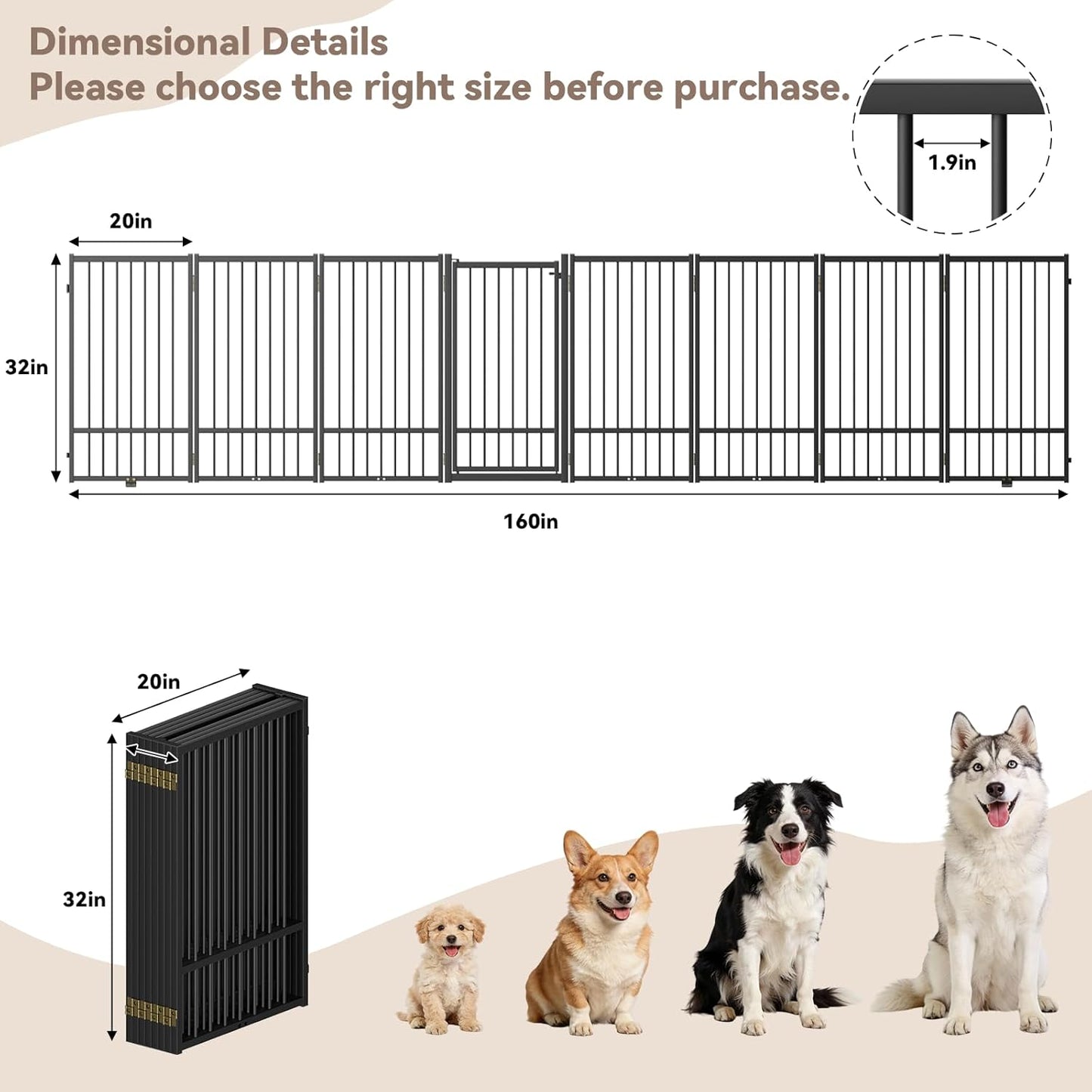 SNUOWU Full Metal Freestanding Dog Gate with Door, 32''Height Foldable Pet Dog Fence for Indoor & Outdoor, 4 Panels Extra Wide Free Standing TallDog Gates for Doorways,House,Stairs,Porch,Deck,Yard