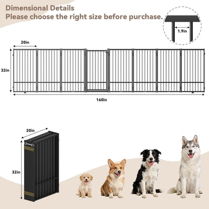 SNUOWU Full Metal Freestanding Dog Gate with Door, 32''Height Foldable Pet Dog Fence for Indoor & Outdoor, 4 Panels Extra Wide Free Standing TallDog Gates for Doorways,House,Stairs,Porch,Deck,Yard