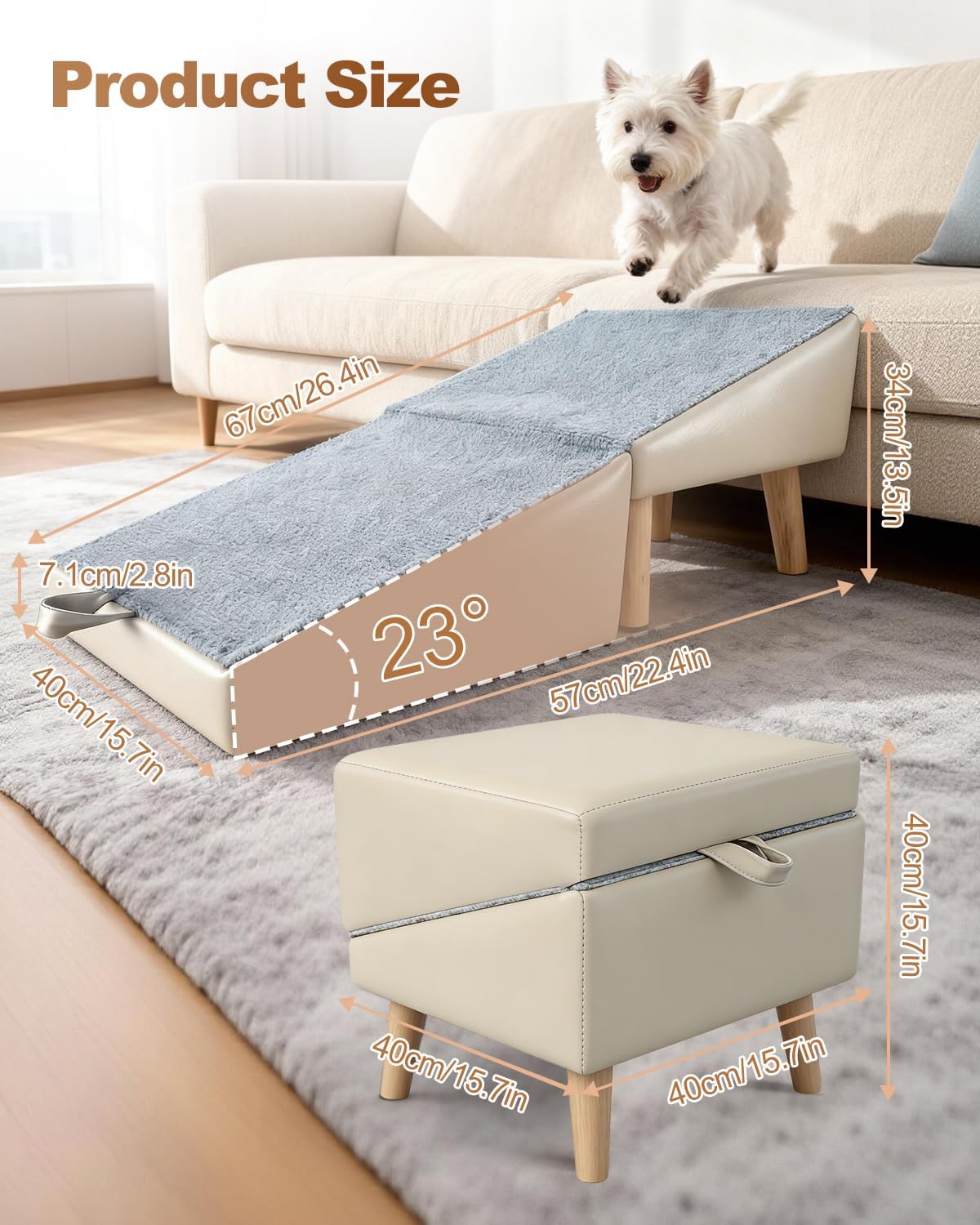 Dog Ramp for Couch Sofa and Low Bed, 15.7" W 2-in-1 Foldable Split Ottoman&Steps, Non-Slip Wooden Pet Stairs for Small Senior Injured Dogs & Cats, Grey