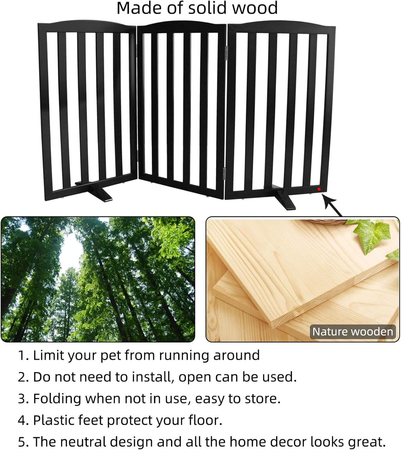 Freestanding Dog Gate Indoor,Doggie Gate Foldable Pet Gates for Doorways,Stairs or Hallways, Wooden Brown Pet Gate for the House, Pet Fence with Support Feet Included,24 "Height-3 Panels
