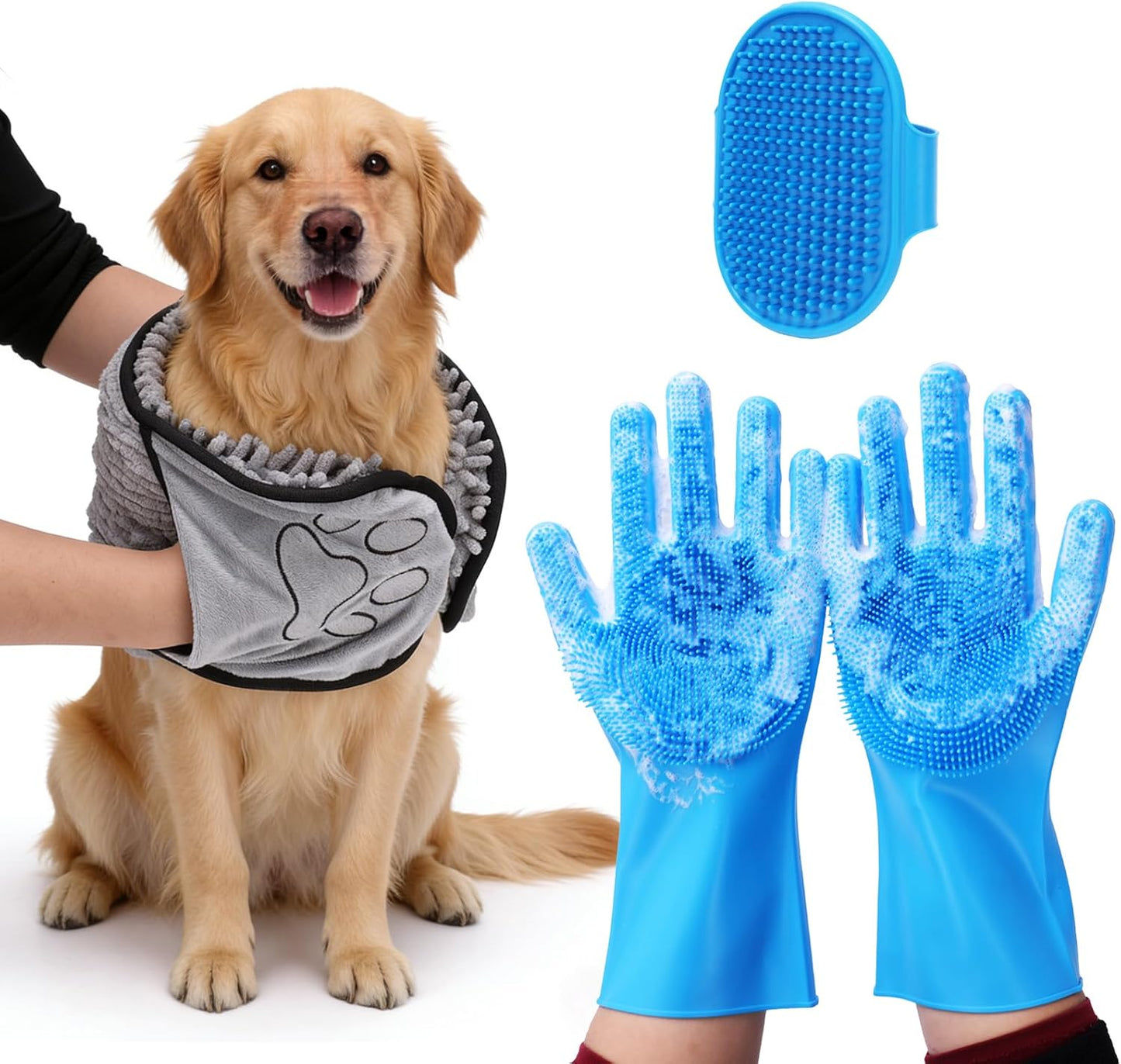 3PCS Dog Bath Supplies,Dog Bath Brush | Dog Washing Gloves | Dog Towel 40'' X 23.6'',Super Absorbent and Soft Pet Grooming Towel, Perfect Shower & Grooming Supplies for Dogs (A-3 Kits)