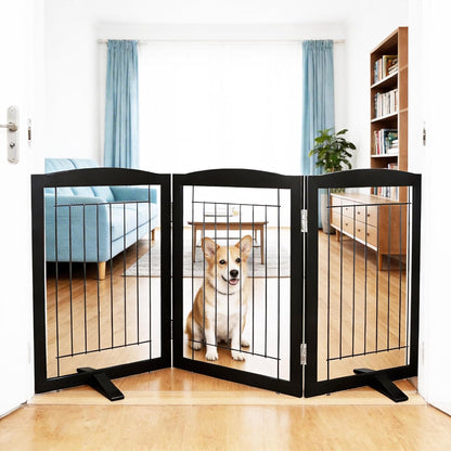ZJSF Freestanding Dog Fence Indoor, Foldable Dog Gate for Doorways, Stairs or Hallways, Sturdy Wood Extra Wide Pet Gate with Support Feet for The House, White, 24 "Height-3 Panels