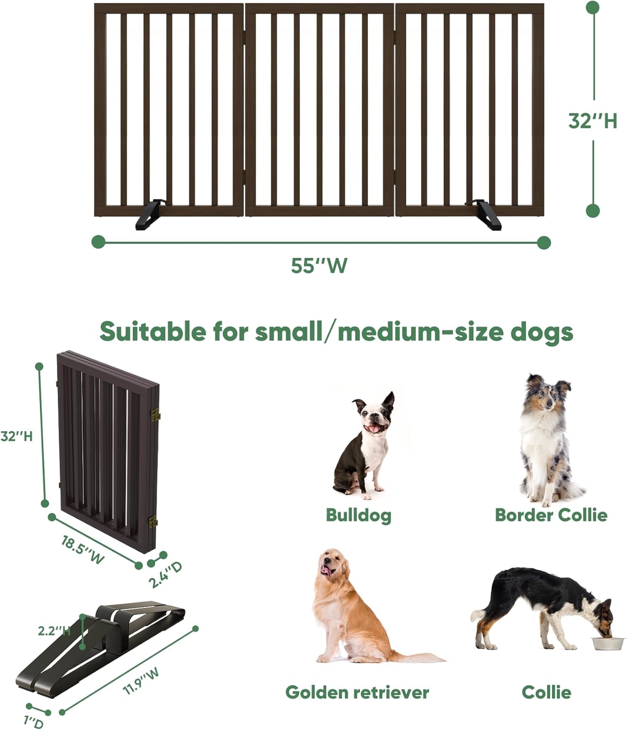 Freestanding Foldable Dog Gate - 4 Panel Room Divider with Metal Support Feet (Black)