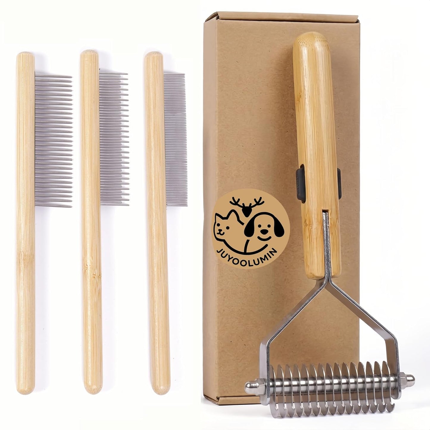 Bamboo Pet Grooming Kit for Medium to Long Haired Cats & Dogs, 4-in-1 Dematting Comb Set with Undercoat Rake, Detangling & Deshedding Tools, Fine/Wide Tooth Combs for Indoor Pets