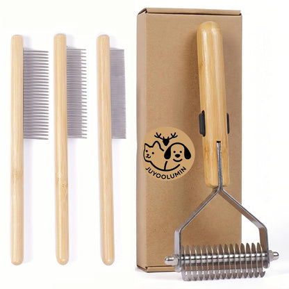 Bamboo Pet Grooming Kit for Medium to Long Haired Cats & Dogs, 4-in-1 Dematting Comb Set with Undercoat Rake, Detangling & Deshedding Tools, Fine/Wide Tooth Combs for Indoor Pets