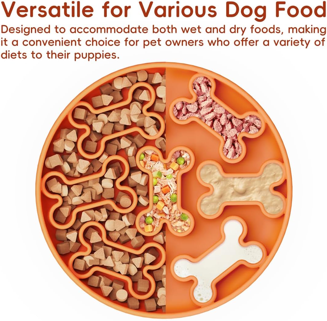 Silicone Slow Feeder Dog Bowl – Pink Bone Pattern | Food-Grade Non-Slip Dog Dish for Anti-Bloat, Fast Eating Prevention, 7.5” x 1.5”, Dishwasher Safe