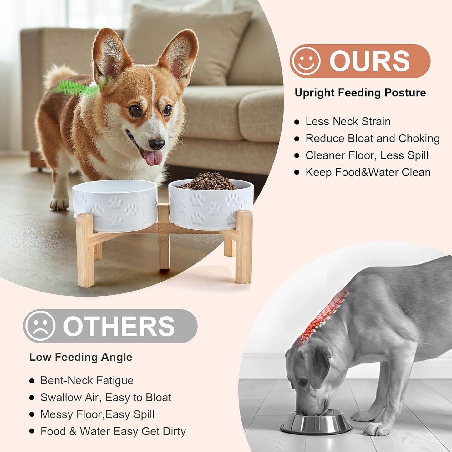 SPUNKYJUNKY Elevated Dog Bowls Ceramic, 6.1'' Dogs and Cat Food Water Bowls Raised with Non-Slip Bamboo Stand for Medium Sized Breed Microwave Dishwasher Safe - 28.7 OZ,Beige