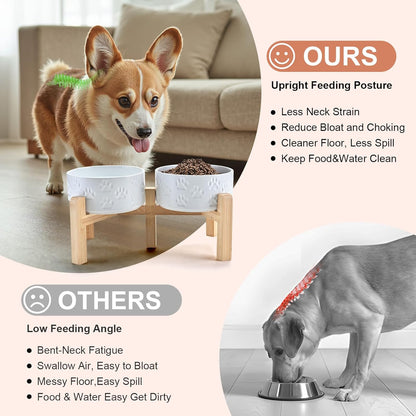 SPUNKYJUNKY Elevated Dog Bowls Ceramic, 6.1'' Dogs and Cat Food Water Bowls Raised with Non-Slip Bamboo Stand for Medium Sized Breed Microwave Dishwasher Safe - 28.7 OZ,Beige
