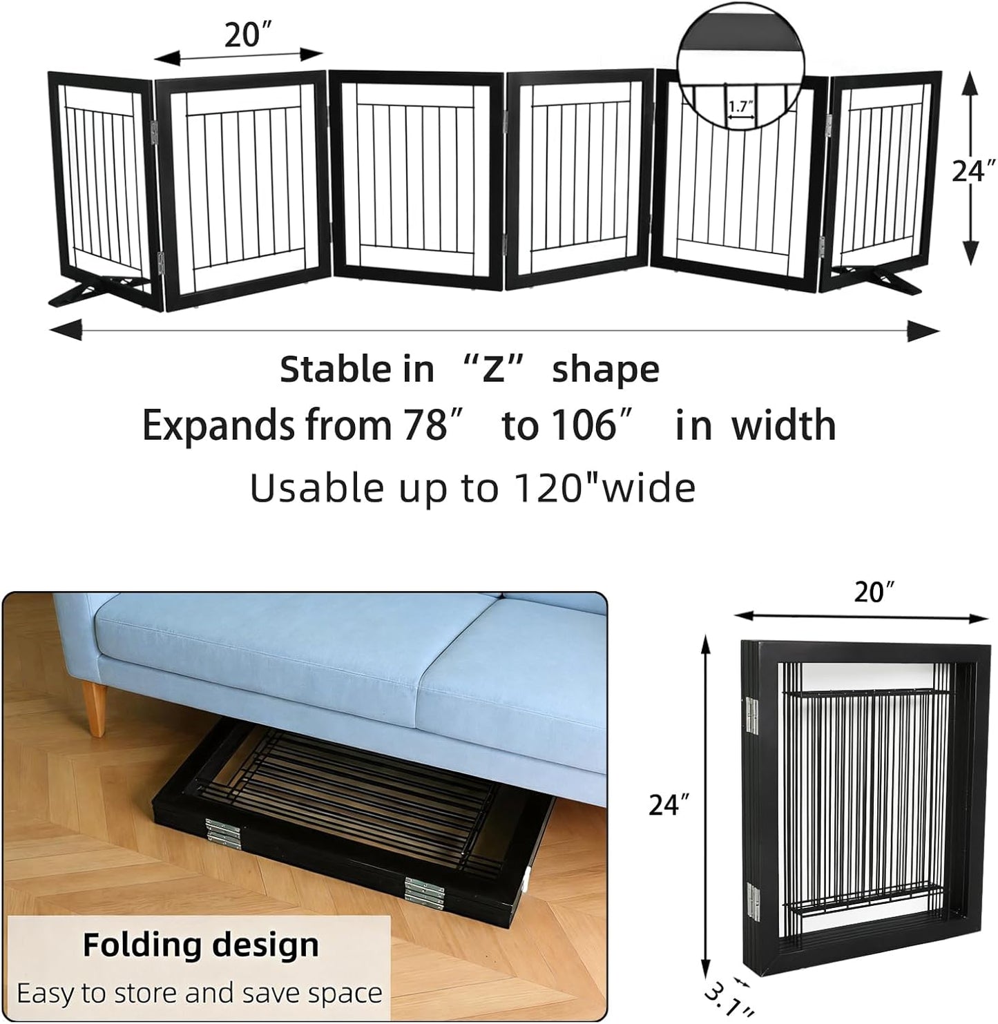 ZJSF Freestanding Dog Gate Indoor, Foldable Dog Fence for Doorways,Hallways or Stairs, Sturdy Wood Extra Wide Pet Gate with Support Feet,Black,24 "Height-3 Panels