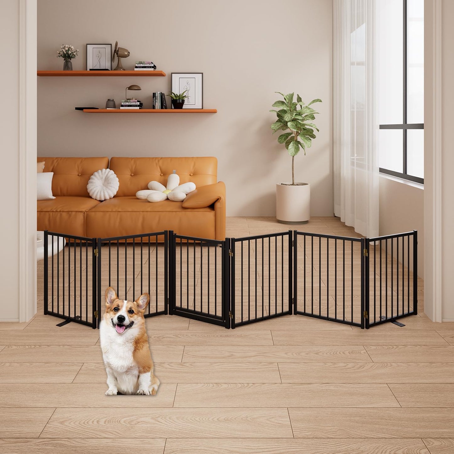 4 Panels Full Metal Freestanding Dog Gates with Door, 80” W x 32” H Folding Pet Gate Fence with Support Feet for Indoor,Stairs, Hallways and Doorways(Black)