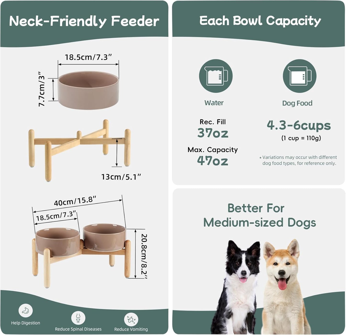 Havniva 8.3inch Ceramic Raised Dog Bowl with Stand, Elevated Dog Bowls for Large Breed Dog Food and Water Bowl Non-Slip Dog Dish Large Capacity Feeding Pet Water Bowl