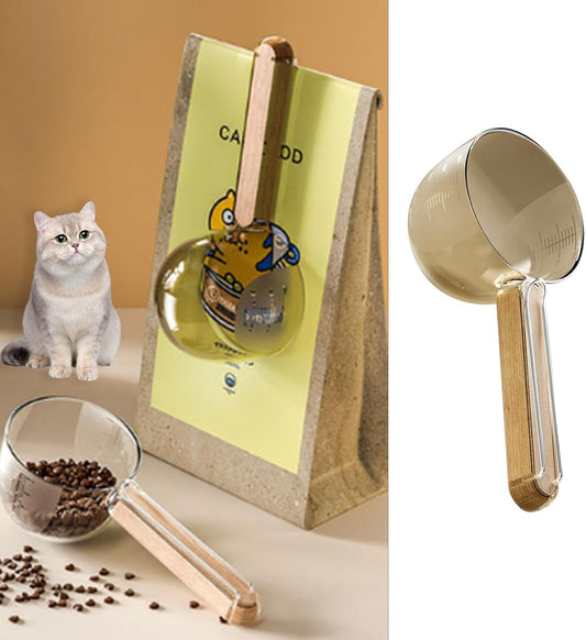 MANON ROSA Pet Food Measuring Scoop with Closure Clip - 3/4 Cup (6 Oz) Feeding Spoon for Dogs, Cats, Rabbits, Dishwasher Safe for Scientific Feeding (Transparent)