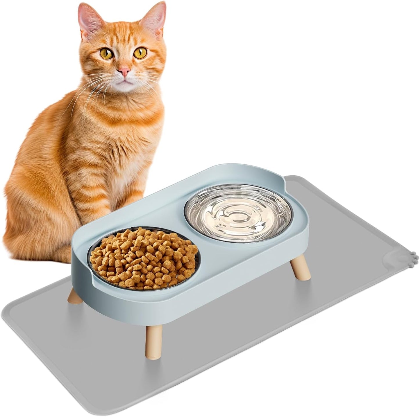 Elevated Cat Bowl, Raised Cat Food and Water Bowl Set for Indoor Cats, Splash Proof with 2 Stainless Steel Pet Food Bowls for Cats and Puppies, Whisker Fatigue and Dishwasher Safe - White