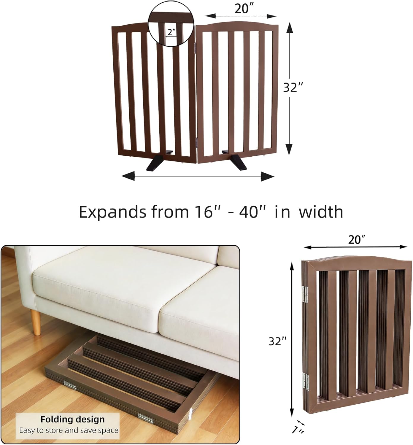 Freestanding Dog Gate Indoor,Doggie Gate Foldable Pet Gates for Doorways,Stairs or Hallways, Wooden Brown Pet Gate for the House, Pet Fence with Support Feet Included,24 "Height-3 Panels