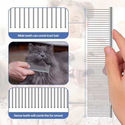 Dog Rake for Undercoat, Pet Grooming Set Long-Tooth Metal Brush & Stainless Steel Shedding Comb for Big Dogs Long-Haired Cats Horse