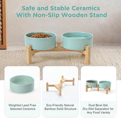 SPUNKYJUNKY Elevated Dog Bowls Ceramic, 6.1'' Dogs and Cat Food Water Bowls Raised with Non-Slip Bamboo Stand for Medium Sized Breed Microwave Dishwasher Safe - 28.7 OZ,Beige