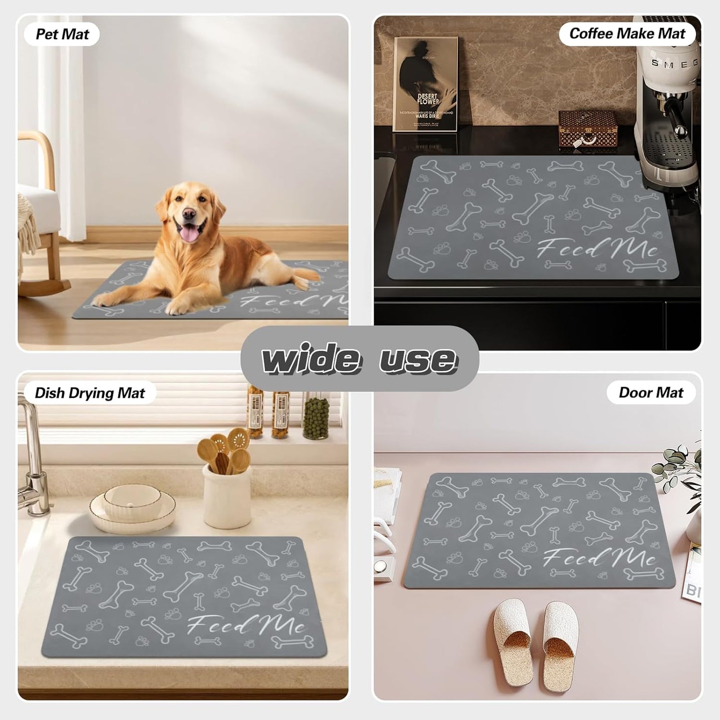 Le courant Dog Cat Feeding Mat,Water Absorbent, Non Slip Placemat for Pets Bowl and Water,100% Waterproof Feeding Mats for Multiple Breeds.Grey.Bone Printing