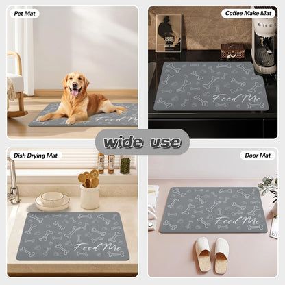 Le courant Dog Cat Feeding Mat,Water Absorbent, Non Slip Placemat for Pets Bowl and Water,100% Waterproof Feeding Mats for Multiple Breeds.Grey.Bone Printing