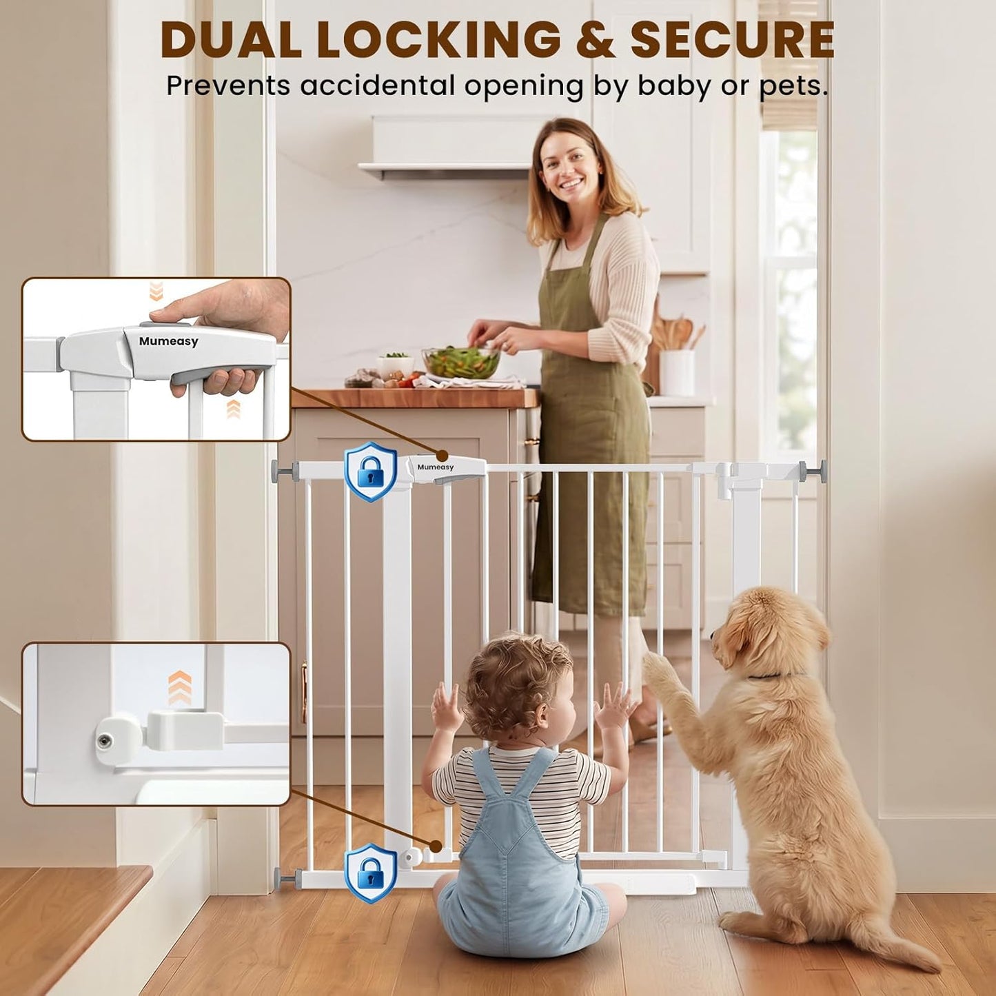 Baby Gate for Stairs, 29.7-40.6" Auto Close Dog Gate Indoor for Doorways, Dual-Lock Design, Adjustable Pet Gate No Drilling with Walk Thru Door for Hallways, Stroller Friendly, Black