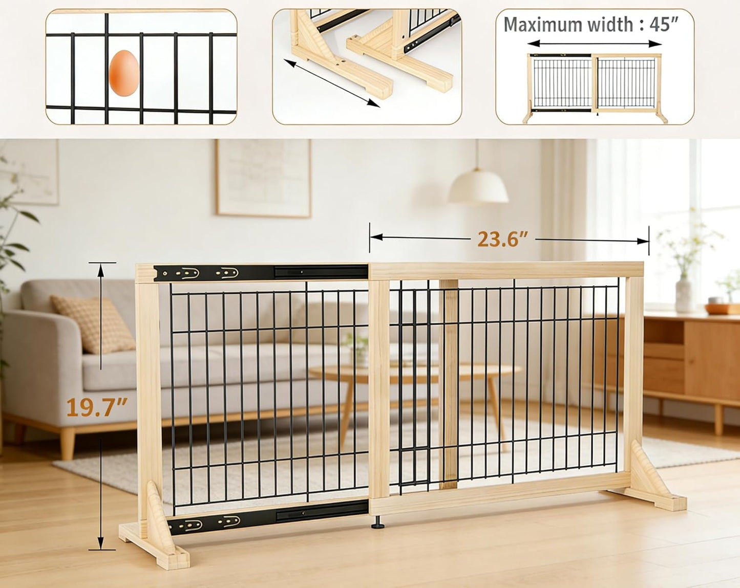 Extra Wide Freestanding Dog Gate, Adjustable Width 31.5"–61", 19.7" Tall Indoor Pet Gate for Kitchen, Living Room & Stairs, Wooden Metal Frame No-Drill Pet Barrier