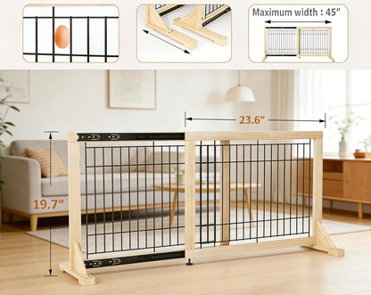Extra Wide Freestanding Dog Gate, Adjustable Width 31.5"–61", 19.7" Tall Indoor Pet Gate for Kitchen, Living Room & Stairs, Wooden Metal Frame No-Drill Pet Barrier