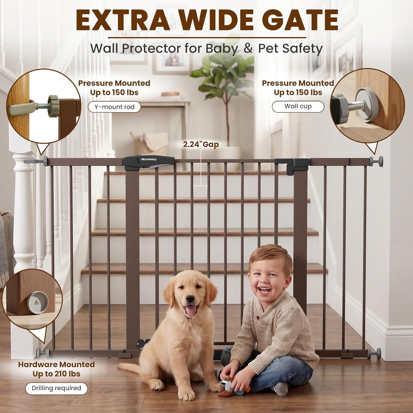 Mumeasy Baby Gate Extra Wide, 29.7-51'' Pressure Mounted Dog Gate with Walk Thru Door, Auto Close Pet Gate for House, Stairs, Doorways,Black