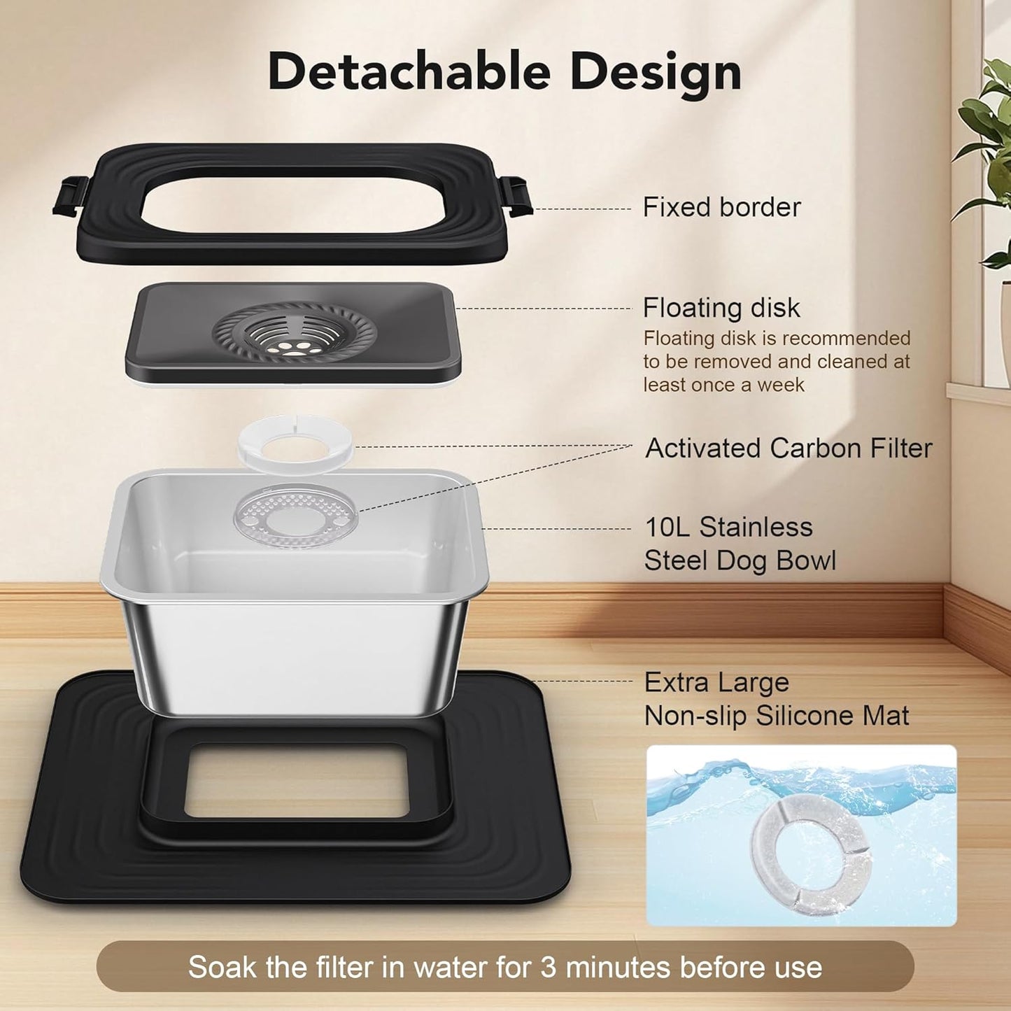 Decflow 10L Stainless Steel Dog Water Bowl, No Spill Anti-Splash Dog Bowls with XXL Silicone Mat, Spill-Proof Slow Feeder for Messy Drinkers, Heavy Duty Pet Bowls for Indoor/Outdoor Use Grey