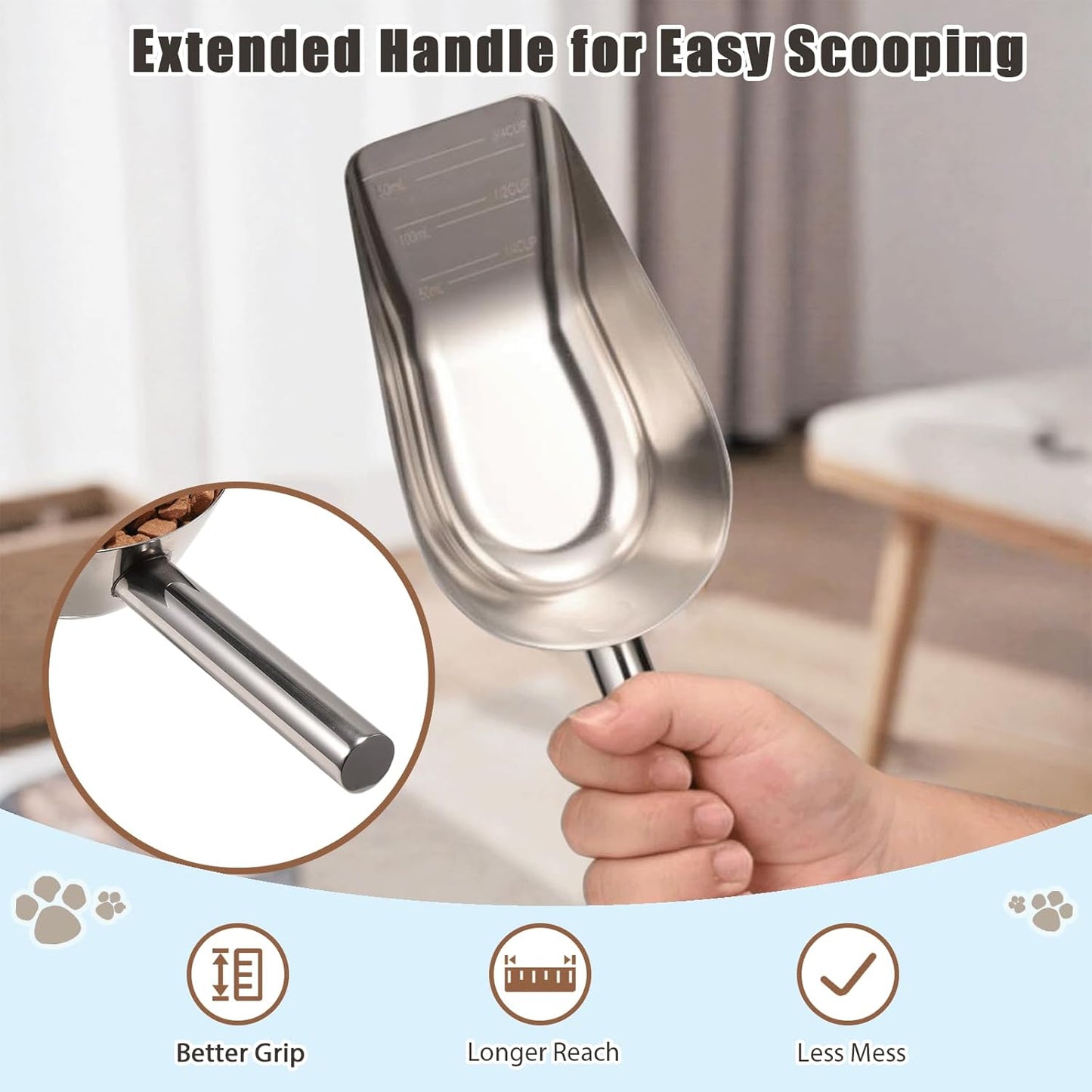 Dog-Cat Food Scoop 1 Cup – Thickened 304 Stainless Steel Pet Food Scoop with Long Handle, Precision Scale, Easy to Clean, Suitable for Wet Dry Food