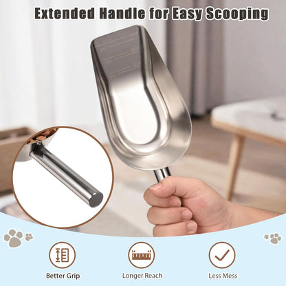 Dog-Cat Food Scoop 1 Cup – Thickened 304 Stainless Steel Pet Food Scoop with Long Handle, Precision Scale, Easy to Clean, Suitable for Wet Dry Food