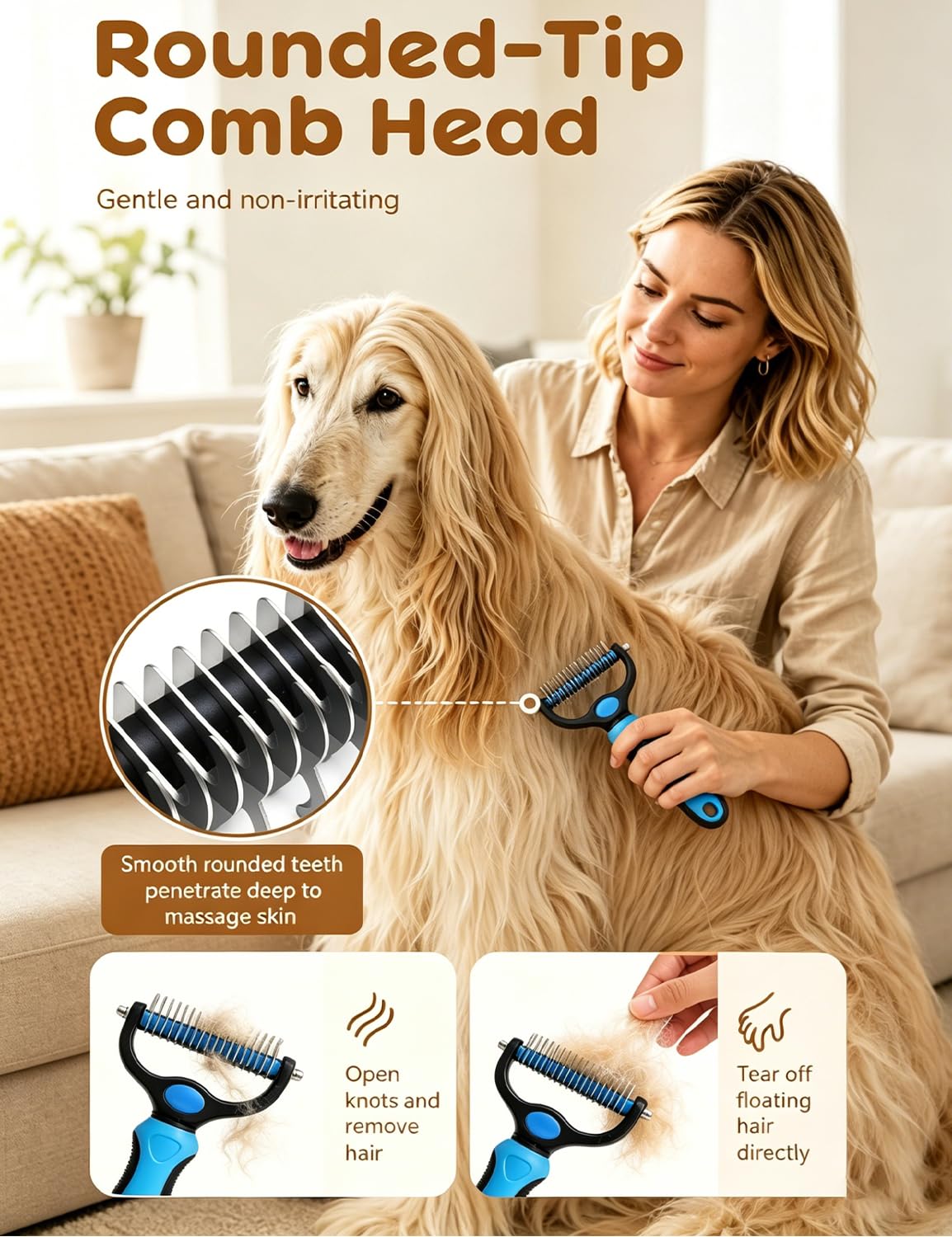 Dual-Sided Pet Grooming Comb for Dogs & Cats – 2-in-1 Dematting Brush & Undercoat Rake for Long, Thick, Curly & Double-Coated Pets (2pcs-Pink)