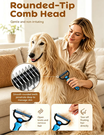 Dual-Sided Pet Grooming Comb for Dogs & Cats – 2-in-1 Dematting Brush & Undercoat Rake for Long, Thick, Curly & Double-Coated Pets (2pcs-Pink)