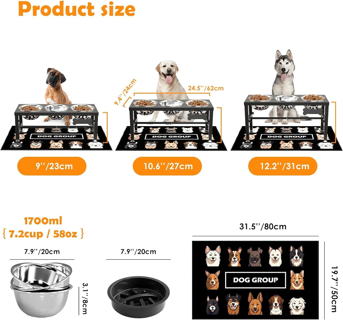 ADENGL Elevated Dog Bowls, 10" Tall Height, Raised Bowl Stand with 2 Stainless Steel Food Feeder Bowls (58oz) and Spill-Proof Mat for Medium Large and Small Breeds
