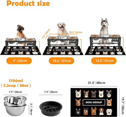 ADENGL Elevated Dog Bowls, 10" Tall Height, Raised Bowl Stand with 2 Stainless Steel Food Feeder Bowls (58oz) and Spill-Proof Mat for Medium Large and Small Breeds