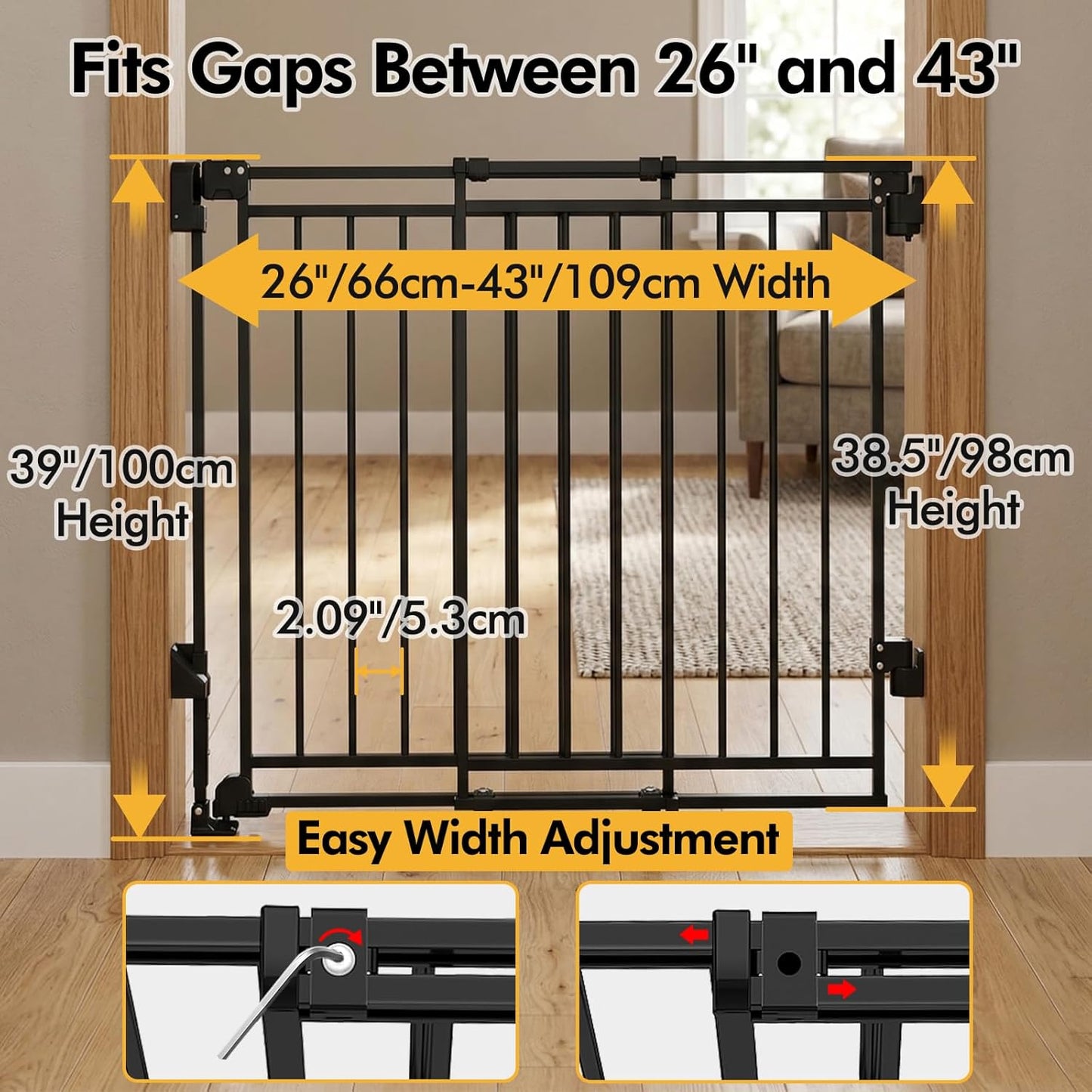 Baby Gate for Stairs & Doorways - Fits Openings 26 to 43 Inches Wide (Must Drill to Install) | 29" Extra Tall with No Bottom Bar | One-Handed Auto-Close Walk-Thru Gate for Kids & Pets, Black