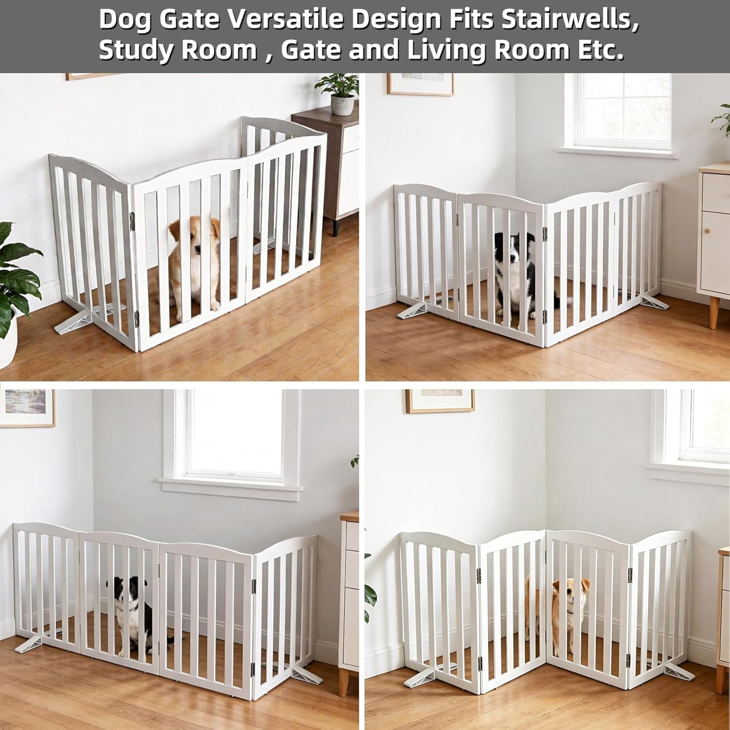 Freestanding Dog Gate Indoor,Doggie Gate Foldable Dog Gates for Doorways,Stairs or Hallways, Wooden White Pet Gate for the House, Pet Fence with Support Feet Included,24 "Height-4 Panels
