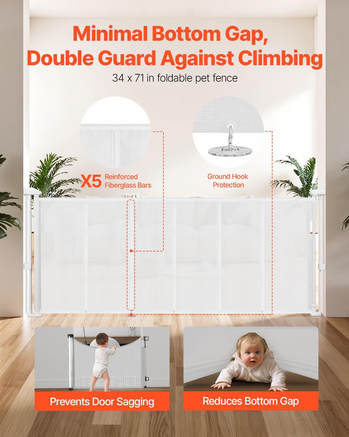 VEVOR Retractable Baby Gate, 34 inch Tall, Extends up to 110 inch Wide, Retractable Gate for Kids or Pets, Mesh Material, Easy to Install for Indoor Stairs, Doorways, Hallways, Playrooms, Gray
