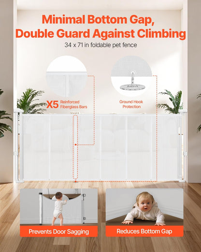 VEVOR Retractable Baby Gate, 34 inch Tall, Extends up to 110 inch Wide, Retractable Gate for Kids or Pets, Mesh Material, Easy to Install for Indoor Stairs, Doorways, Hallways, Playrooms, Gray