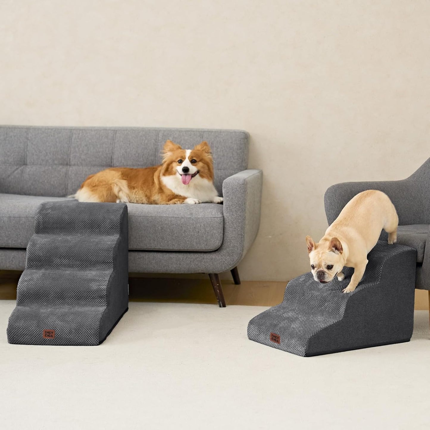 EHEYCIGA Curved Dog Stairs Ramp for High Beds 19.7" H, 4-Step Dog Steps for Small Dogs and Cats, Pet Stairs for High Bed Climbing, Non-Slip Balanced Pet Step Indoor, Grey