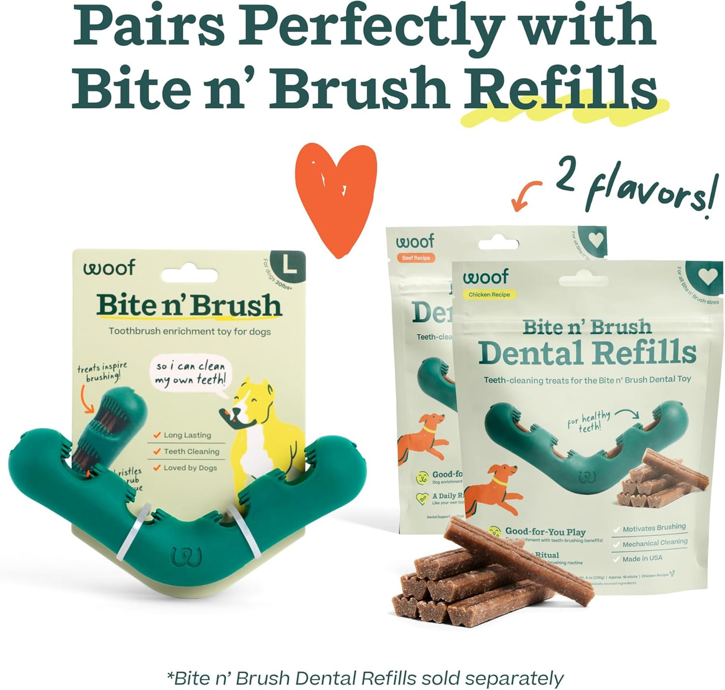 WOOF The Bite n' Brush - Dog Toothbrush Toy - Scrub Plaque and Tartar from Your Dog's Teeth and Mouth - Dog Dental Chew Toy - Small