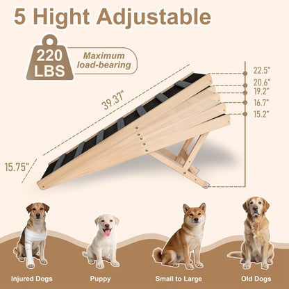 Dog Ramp for Bed, 43.5" Long Wooden Foldable Dog Ramp, 6 Adjustable Heights from 14" to 26" with Anti-Slip Traction Mat, Portable Pet Ramp for Car, Bed, Couch, Max 200lbs - 43.5inch