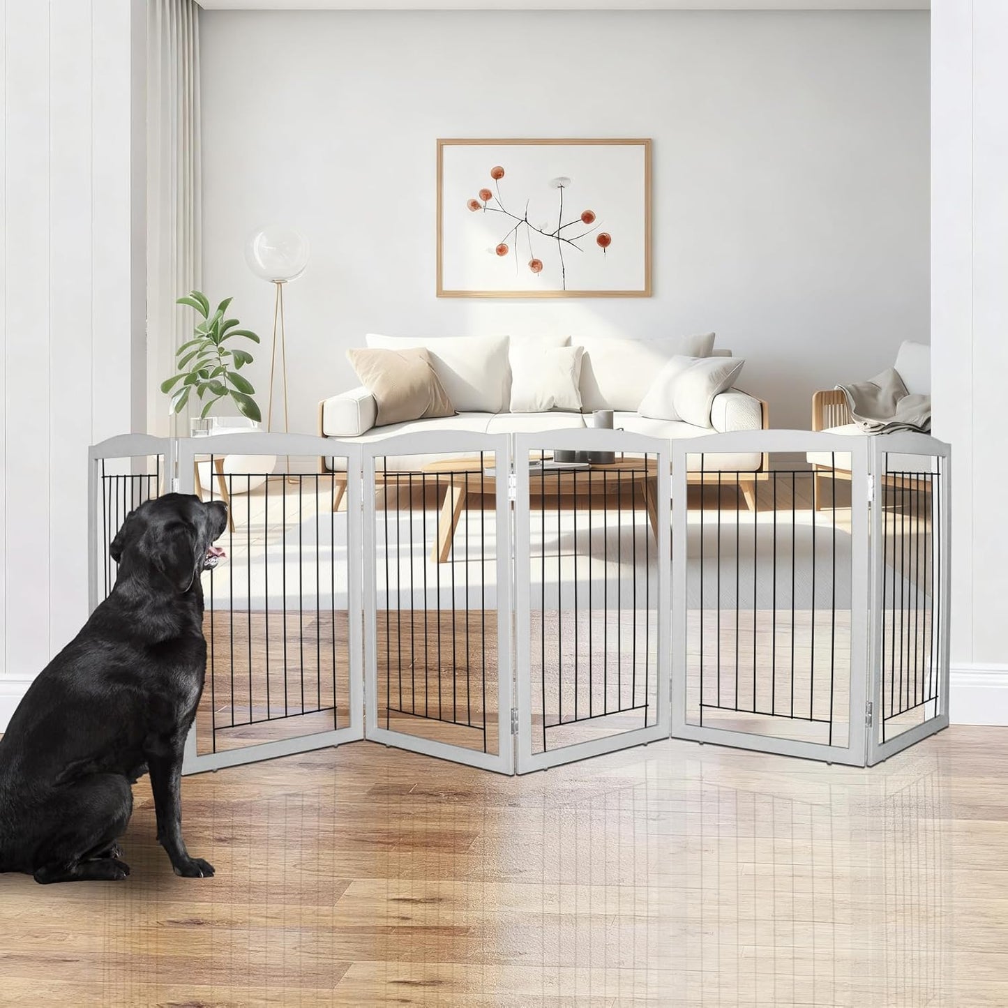 ZJSF Freestanding Foldable Dog Gate for House Extra Wide Wooden White Indoor Puppy Gate Stairs Doorways Pet Gate Tall Dog Fence 3 Panels Fence
