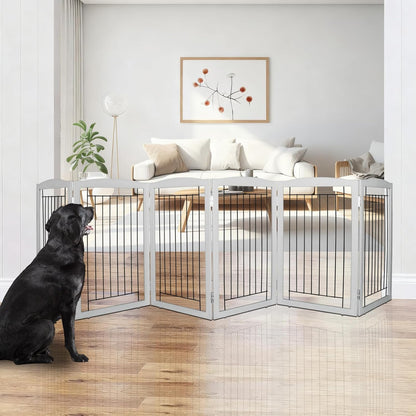 ZJSF Freestanding Foldable Dog Gate for House Extra Wide Wooden White Indoor Puppy Gate Stairs Doorways Pet Gate Tall Dog Fence 3 Panels Fence