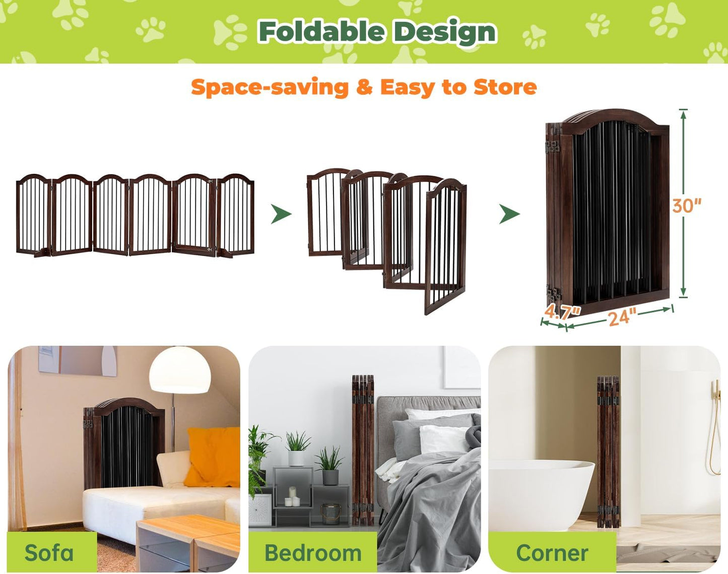 PrimeZone 144" Extra Wide Dog Gate - 36" Tall 6-Panel Solid Acacia Wooden Freestanding Puppy Gates with Door, Foldable Indoor Pet Fence for Doorways, Stairs, Support Feet Included, Brown