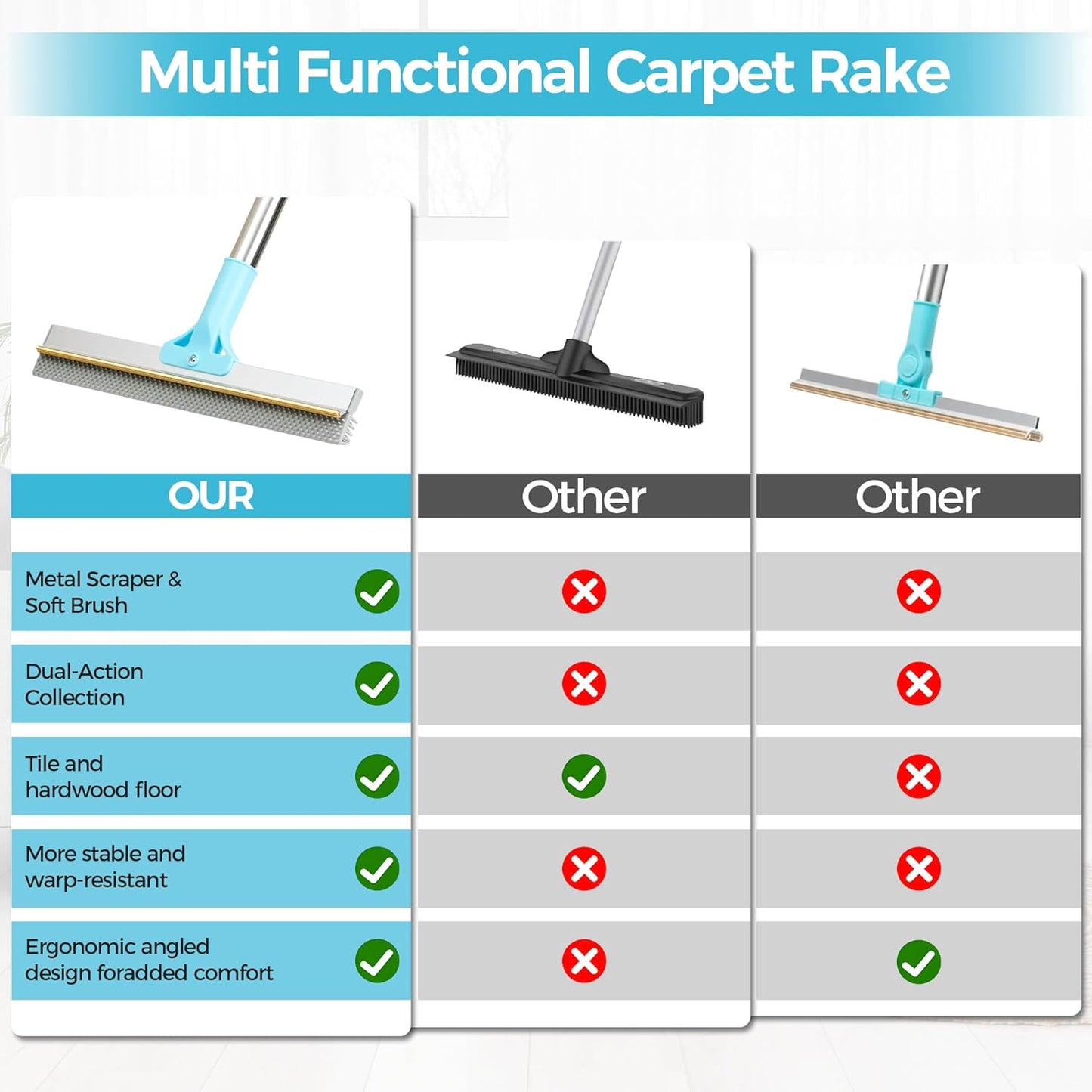 Carpet Rake for Pet Hair Removal, 2026 Upgraded Reusable Pet Hair Remover Broom, 54’’ Adjustable Long Handle Dog & Cat Carpet Rake,2 Pcs Carpet Brush Rake for Rugs, Mats, Couch, Furniture