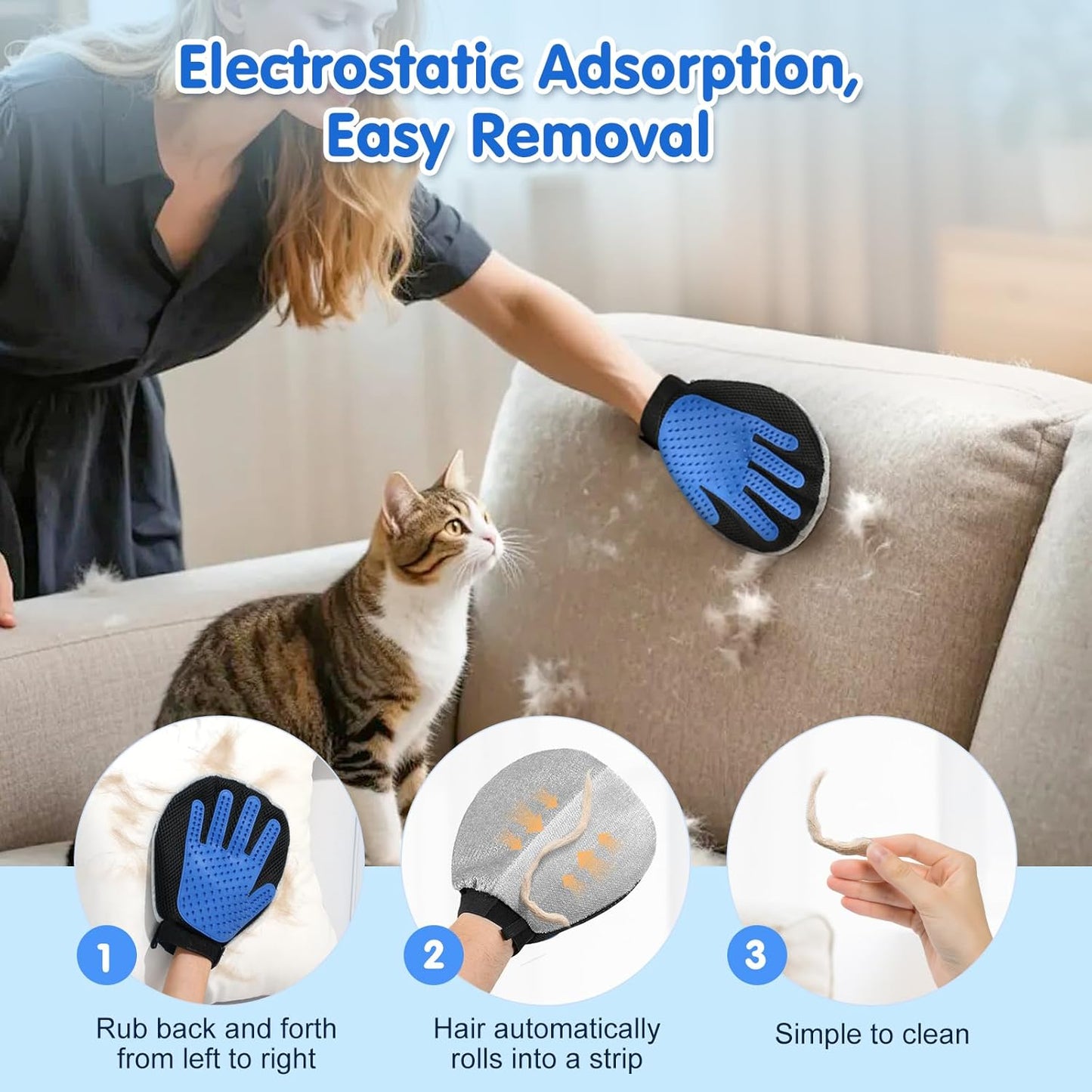 Pawaboo 2-in-1 Pet Hair Removal Glove – Reusable Electrostatic & Silicone Grooming Mitt for Dogs, Cats, Carpet, Couch, Car Seats & Clothing, Dual-Side Gentle Deshedding Tool, Easy to Clean