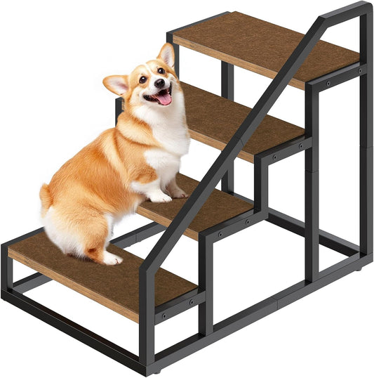 YATINEY Dog Stairs for Small Dogs, 4-Steps Dog Steps for High Beds and Couch, 20.5”H Pet Steps with Non-Slip, Rustic Brown and Black LT01BR