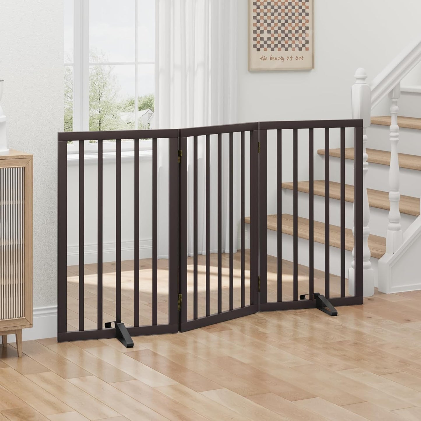 Freestanding Foldable Dog Gate - 4 Panel Room Divider with Metal Support Feet (Black)
