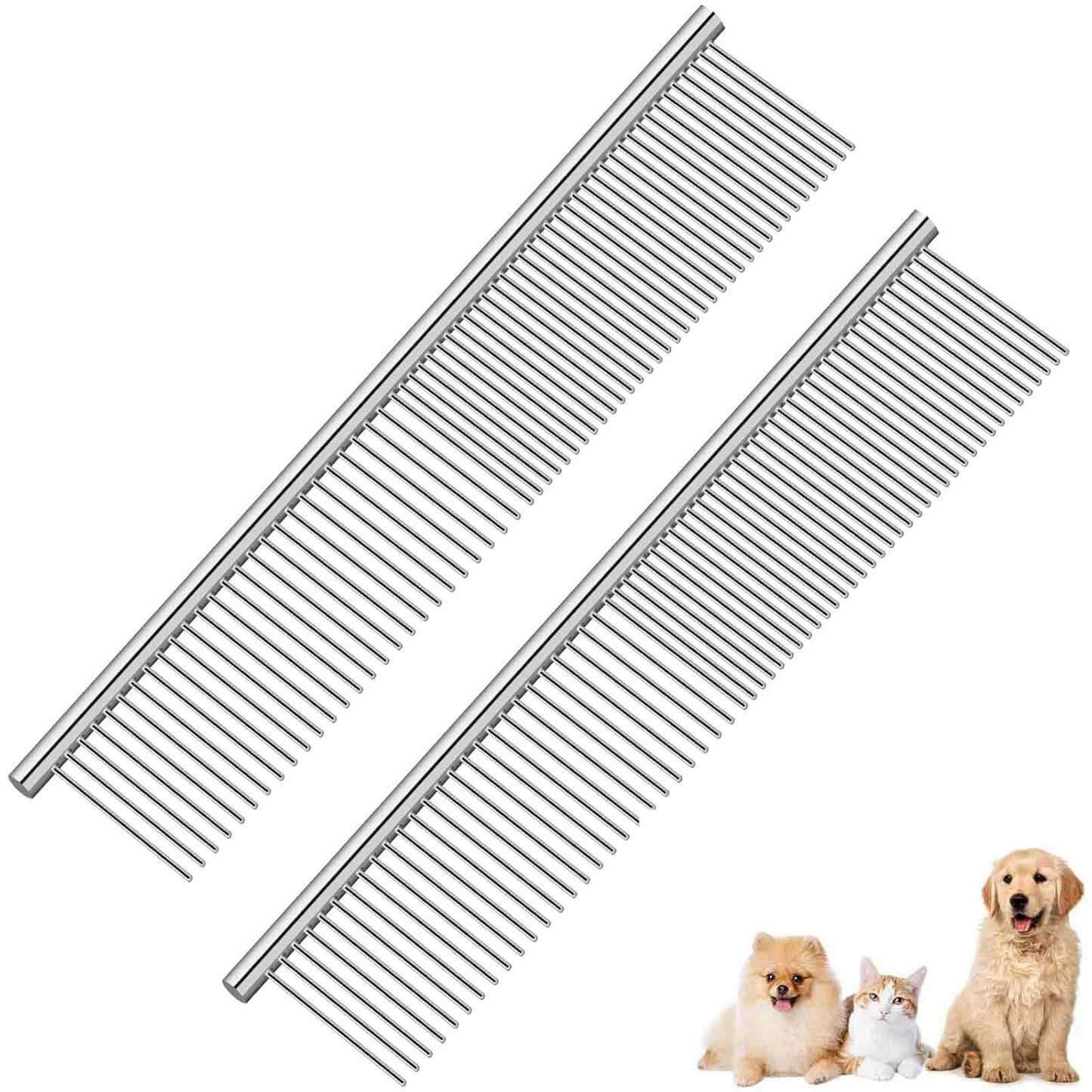 Dog Grooming Comb Pet, Stainless Steel Cat Combs with Rounded Teeth, Professional Metal Tear Stain Remover, Dematting Tool for Small, Medium & Large Pets-7.5in