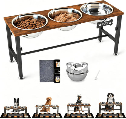 SHAINFUN Metal Elevated Dog Bowls Stand for Large Dogs with Mat & Three 58oz Food Water Bowls, Adjustable Height Raised Dog Bowl Stand