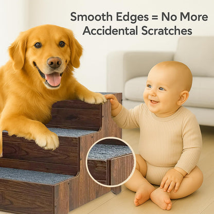 Furniture Dog Stairs for Large Dogs, Wooden Wide Pet Steps, Non-Slip 3-Step Stable Dog Ladder for High Bed,Couch,Sofa – Upgraded Solid Stair for Senior, Injured, Recovering, Short-Legged Pets,Walnut